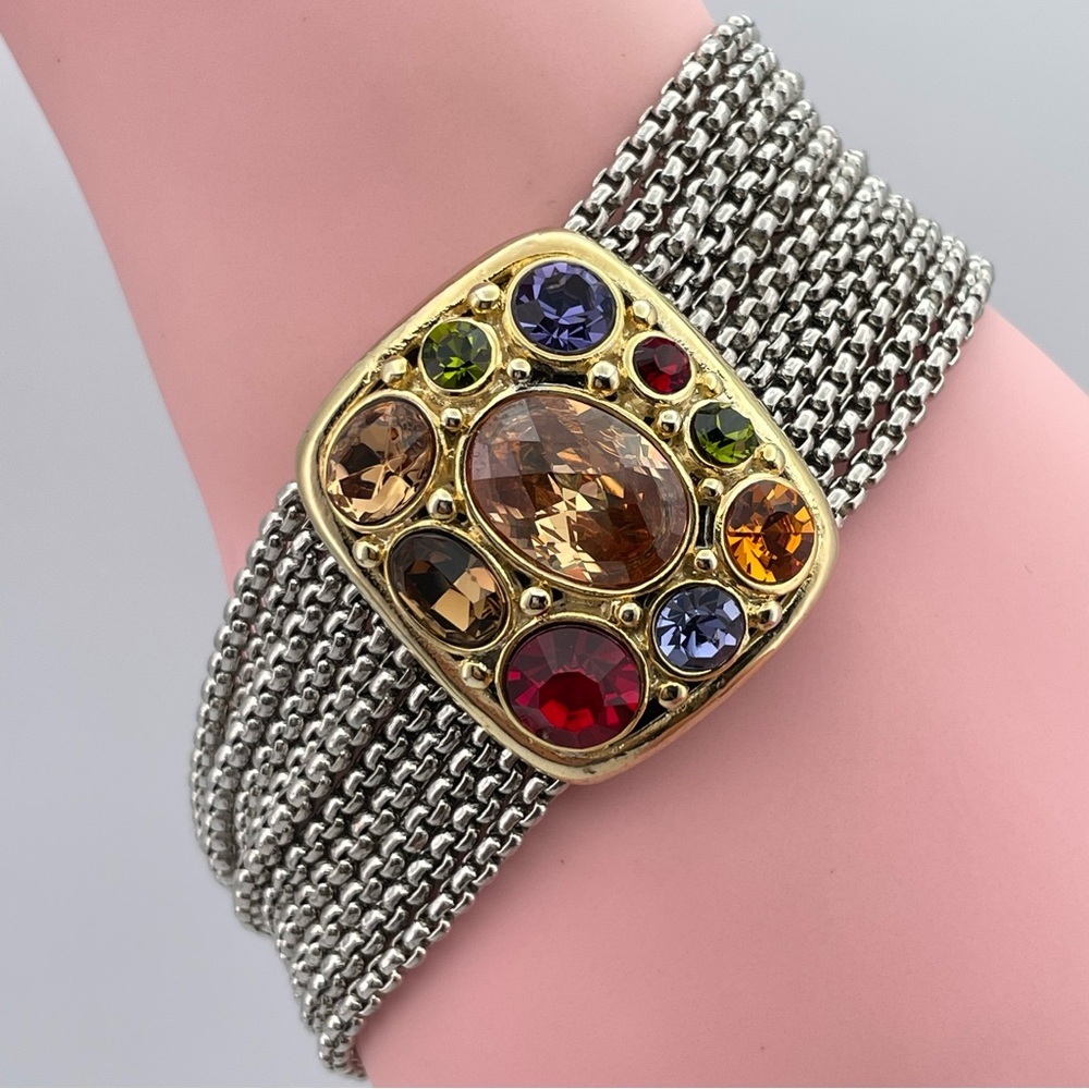 Silver Tone Multi Chain Statement Bracelet Multicolor Rhinestone Center
